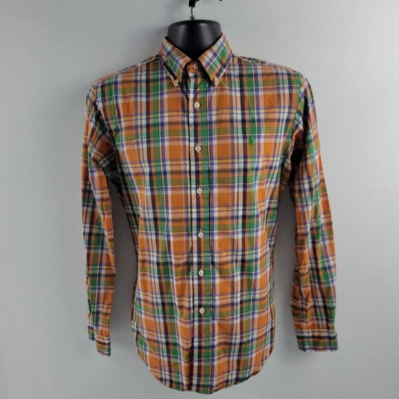 Ralph Lauren Dress Shirt Button-Down Classic Orange Green Plaid Men’s Small - Picture 1 of 3